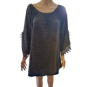 Win Win Boho Black/Gray Tunic Sweater with Crochet Lace Bell Sleeves Size L